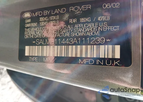 2003 Land Rover Range Rover Hse z USA, uszkodzony, nr VIN SALMB11443A111239